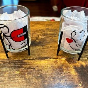 set of 2 glass candle holders with stands/ magnetic love/ valentine' day candles